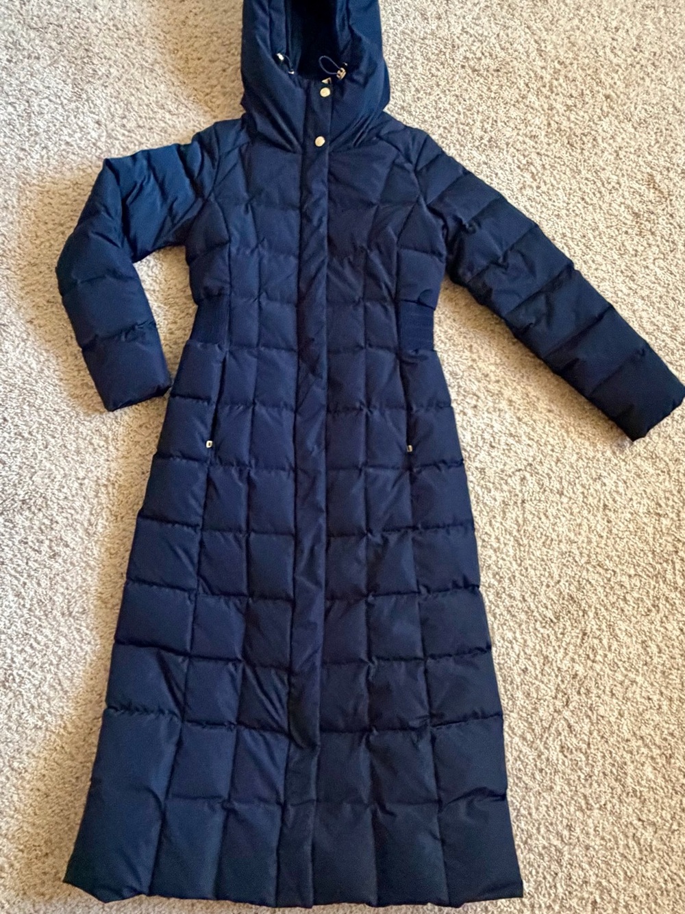 Cole Haan Long Navy Quilted Hooded Puffer Coat
